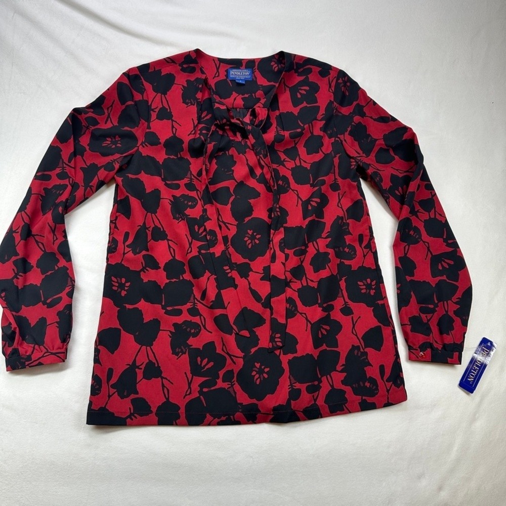 Pendleton Women's Red Black Floral Long Sleeve Bow‎ Neck Blouse Top Size 4